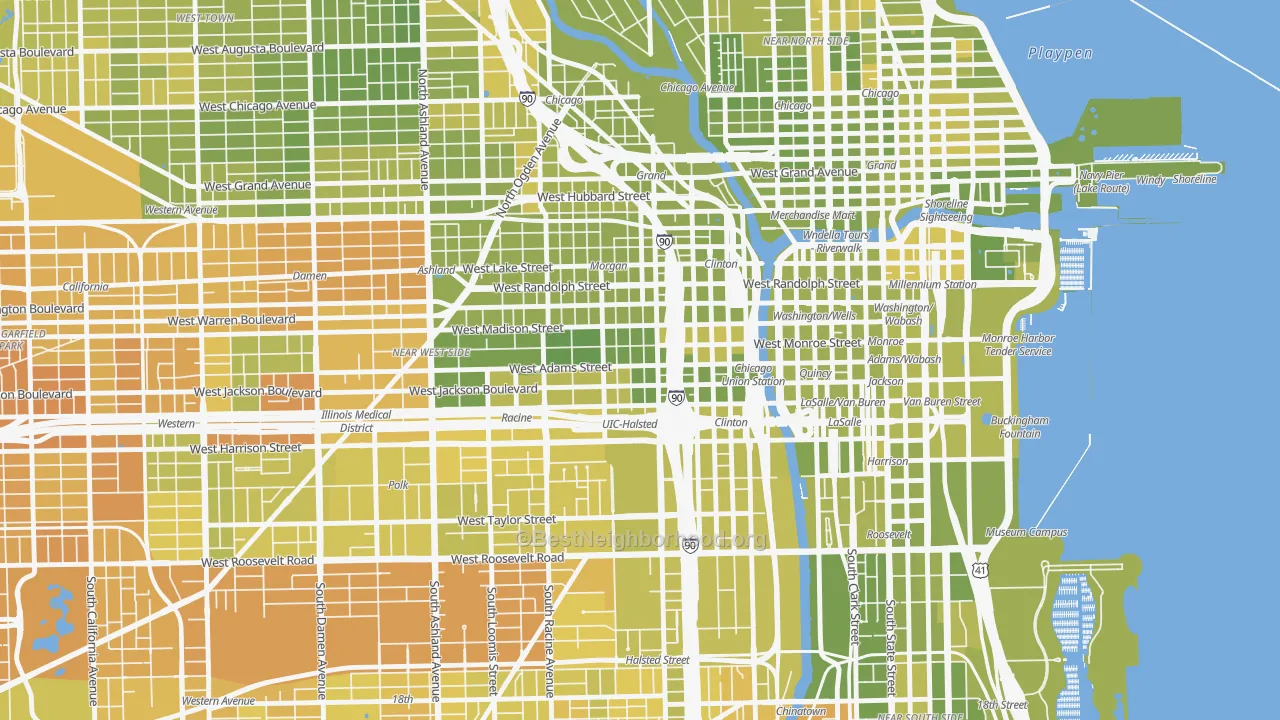 Map of the best neighborhoods in the Greektown, Chicago area, with better matches in green and worse matches in red