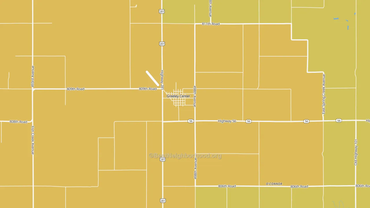 Map of the best neighborhoods in the Greeley Center area, with better matches in green and worse matches in red