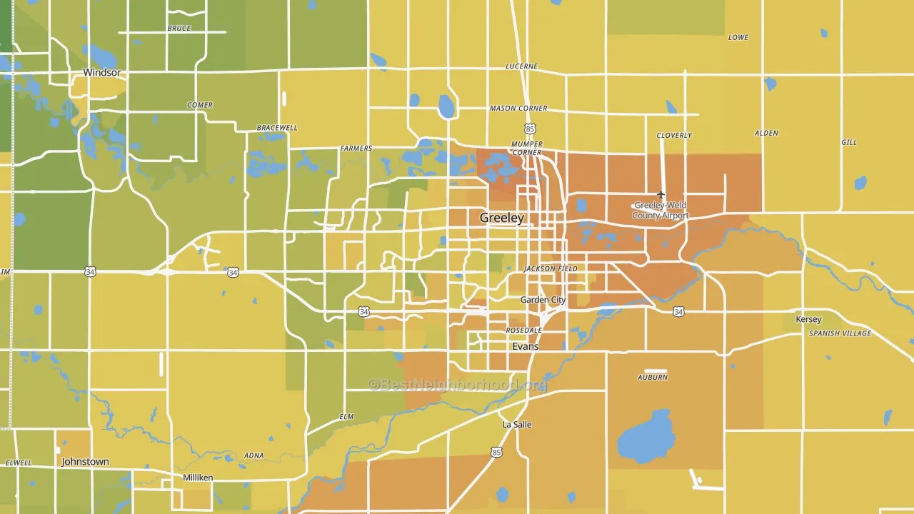 Map of the best neighborhoods in the Greeley Metro area, with better matches in green and worse matches in red
