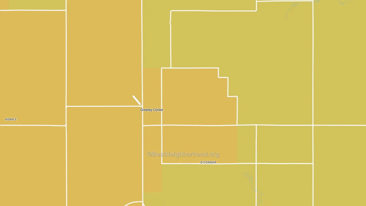 Map of the best neighborhoods in the Greeley County area, with better matches in green and worse matches in red