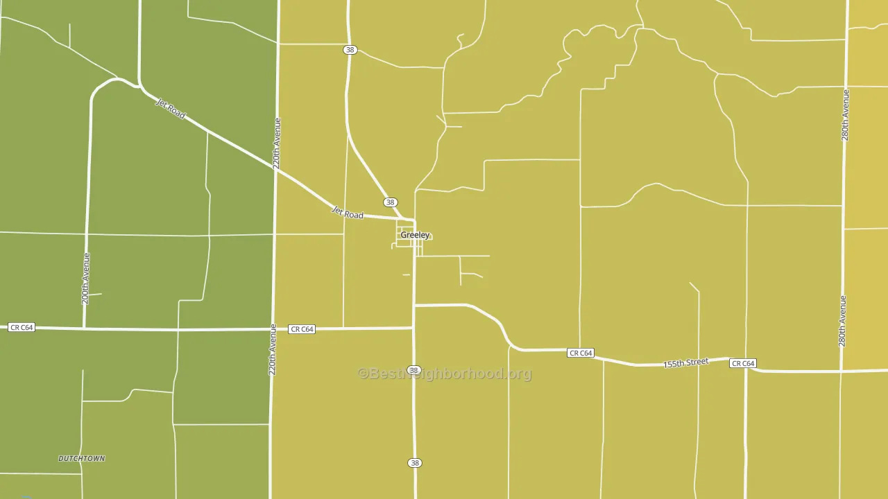 Map of the best neighborhoods in the Greeley area, with better matches in green and worse matches in red