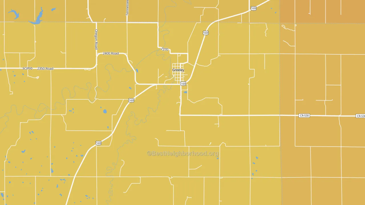 Map of the best neighborhoods in the Greeley area, with better matches in green and worse matches in red