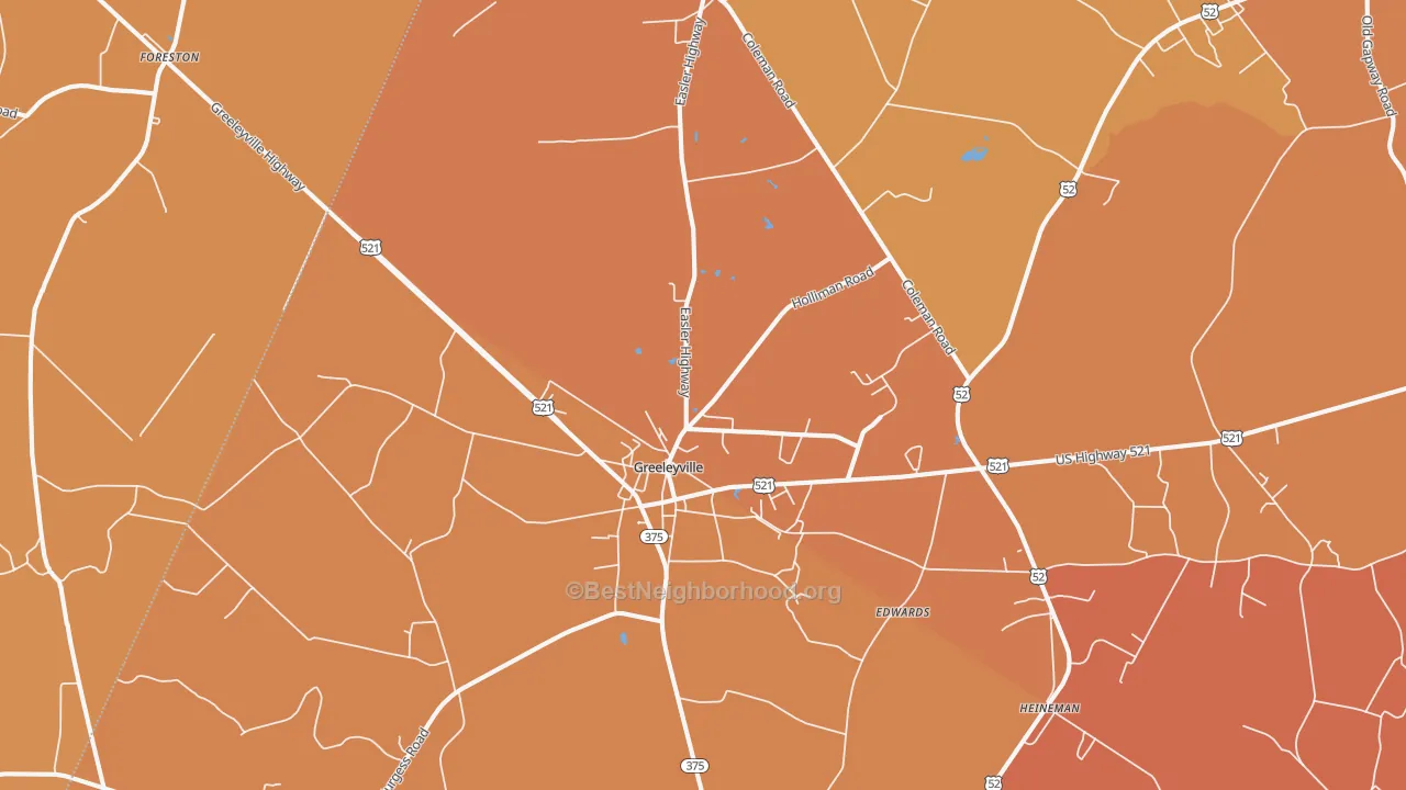 Map of the best neighborhoods in the Greeleyville area, with better matches in green and worse matches in red