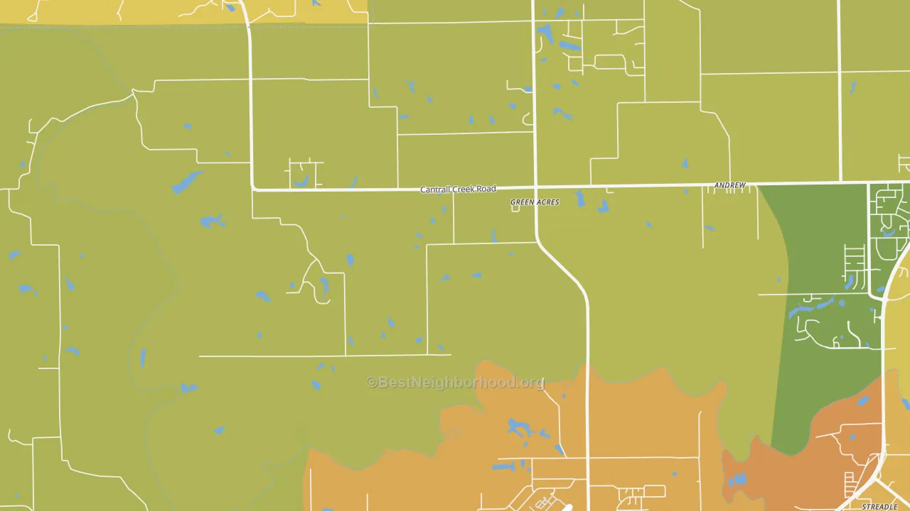 Map of the best neighborhoods in the Green Acres area, with better matches in green and worse matches in red