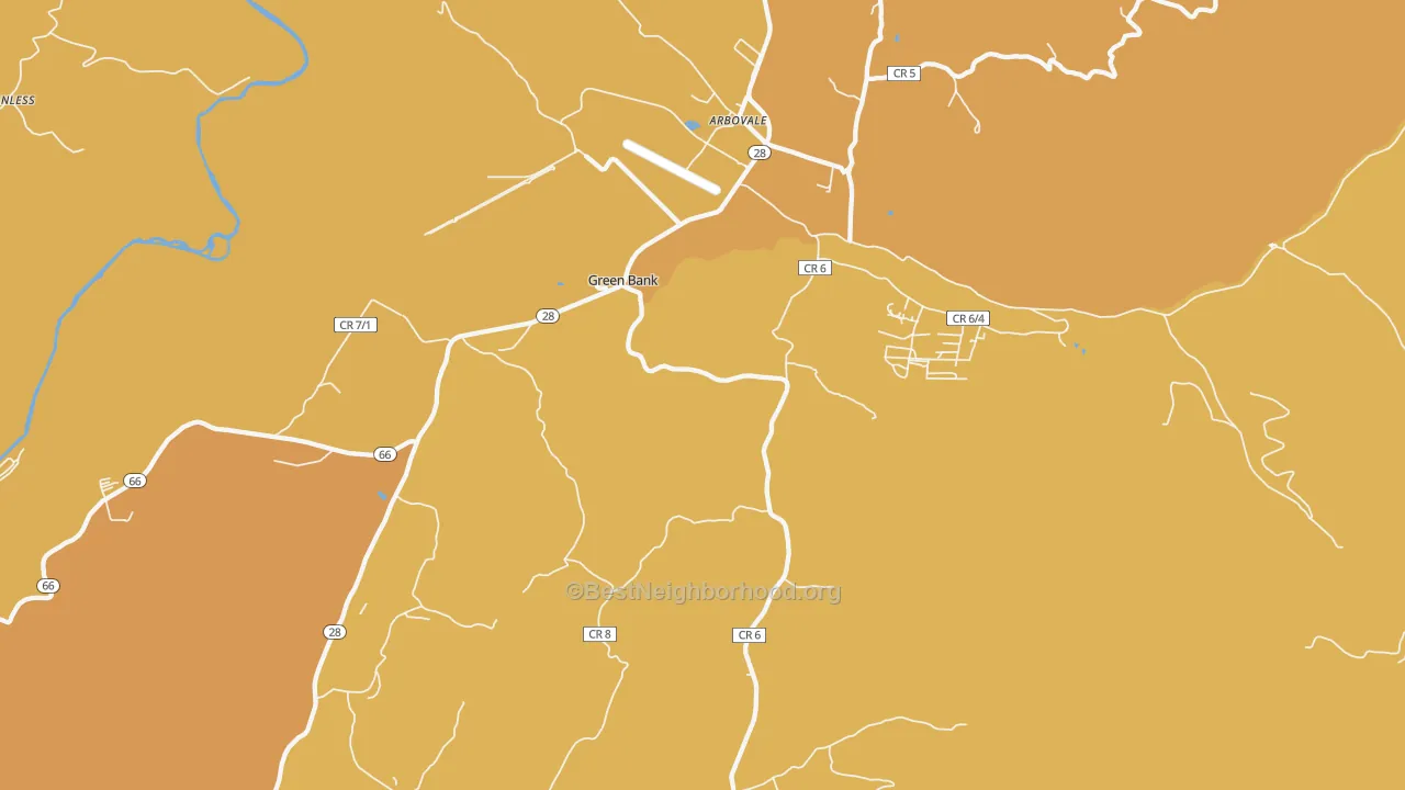 Map of the best neighborhoods in the Green Bank area, with better matches in green and worse matches in red