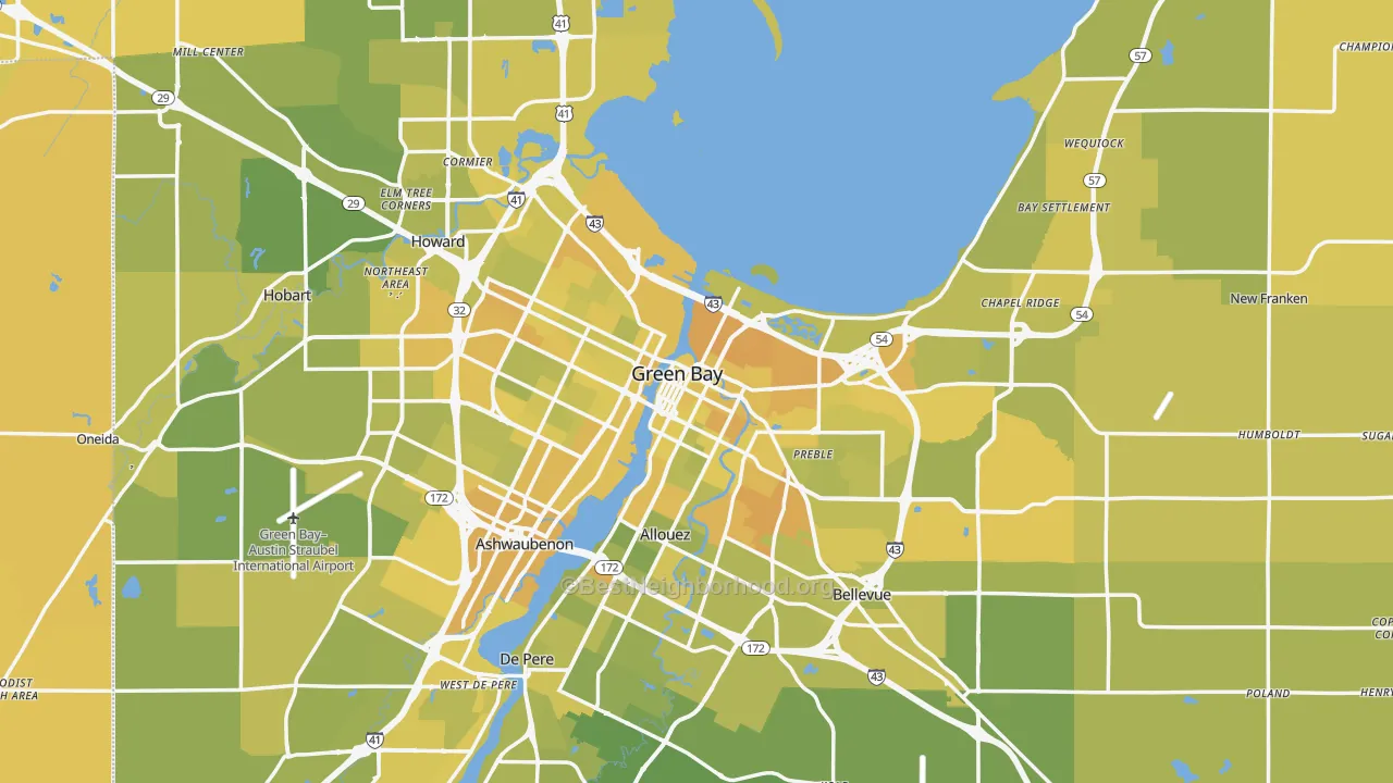 Map of the best neighborhoods in the Green Bay Metro area, with better matches in green and worse matches in red
