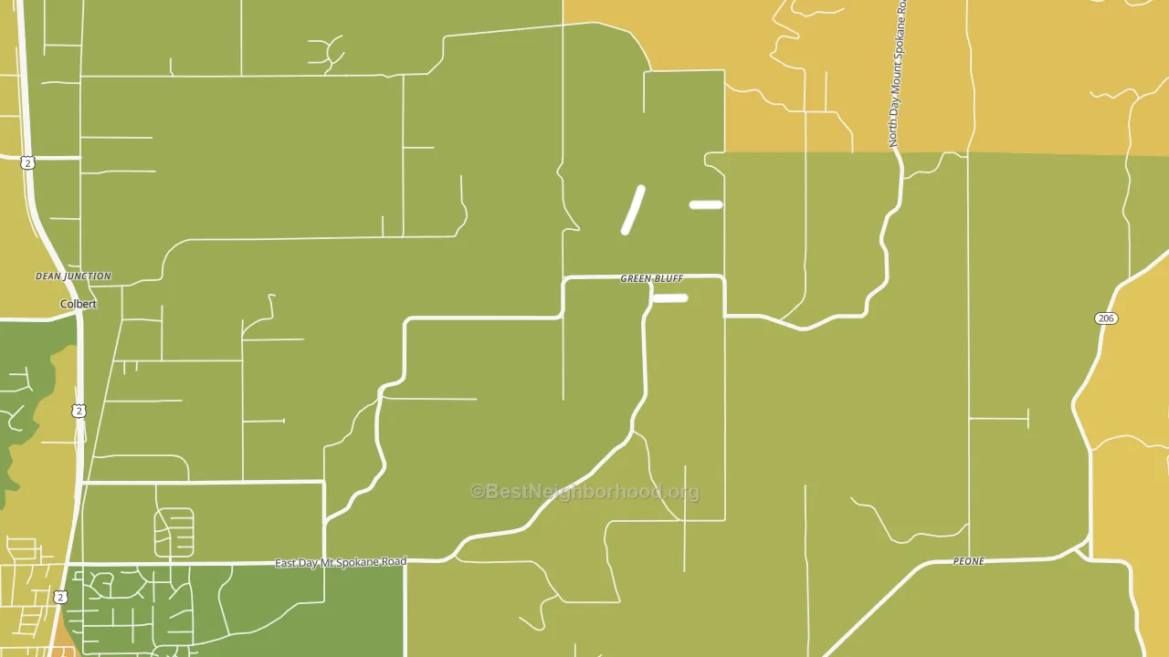 Map of the best neighborhoods in the Green Bluff area, with better matches in green and worse matches in red