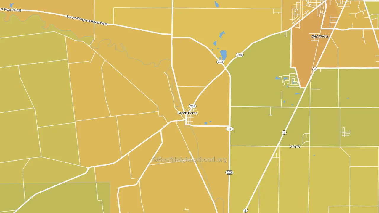 Map of the best neighborhoods in the Green Camp area, with better matches in green and worse matches in red