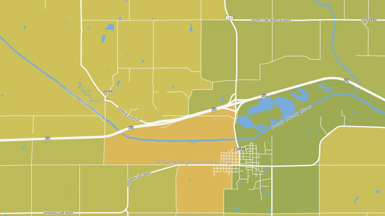 Map of the best neighborhoods in the Green Castle area, with better matches in green and worse matches in red
