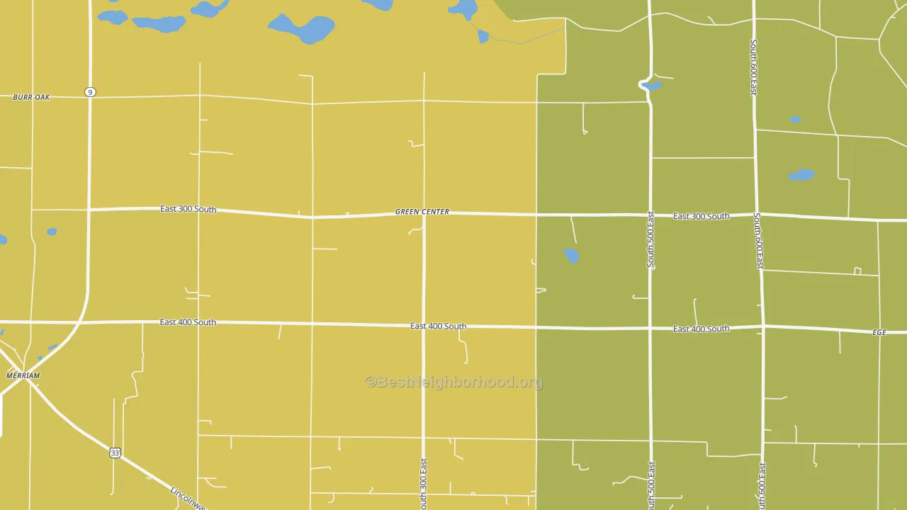Map of the best neighborhoods in the Green Center area, with better matches in green and worse matches in red