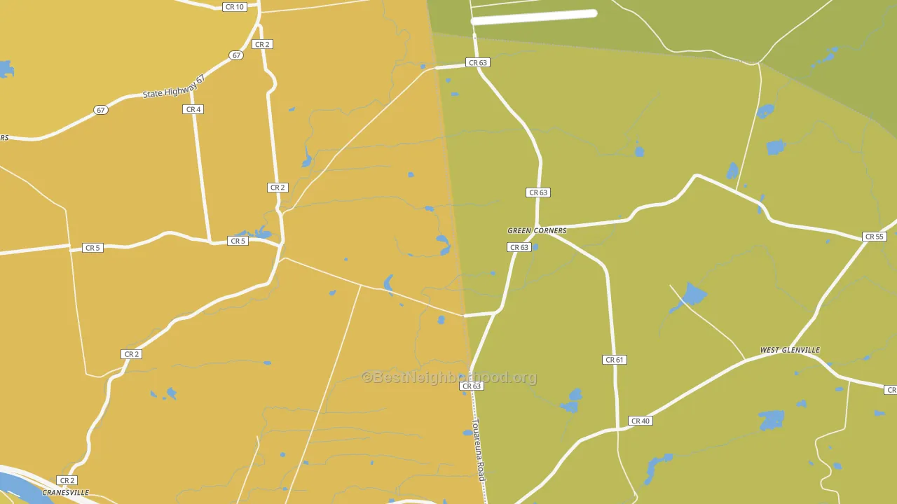 Map of the best neighborhoods in the Green Corners area, with better matches in green and worse matches in red