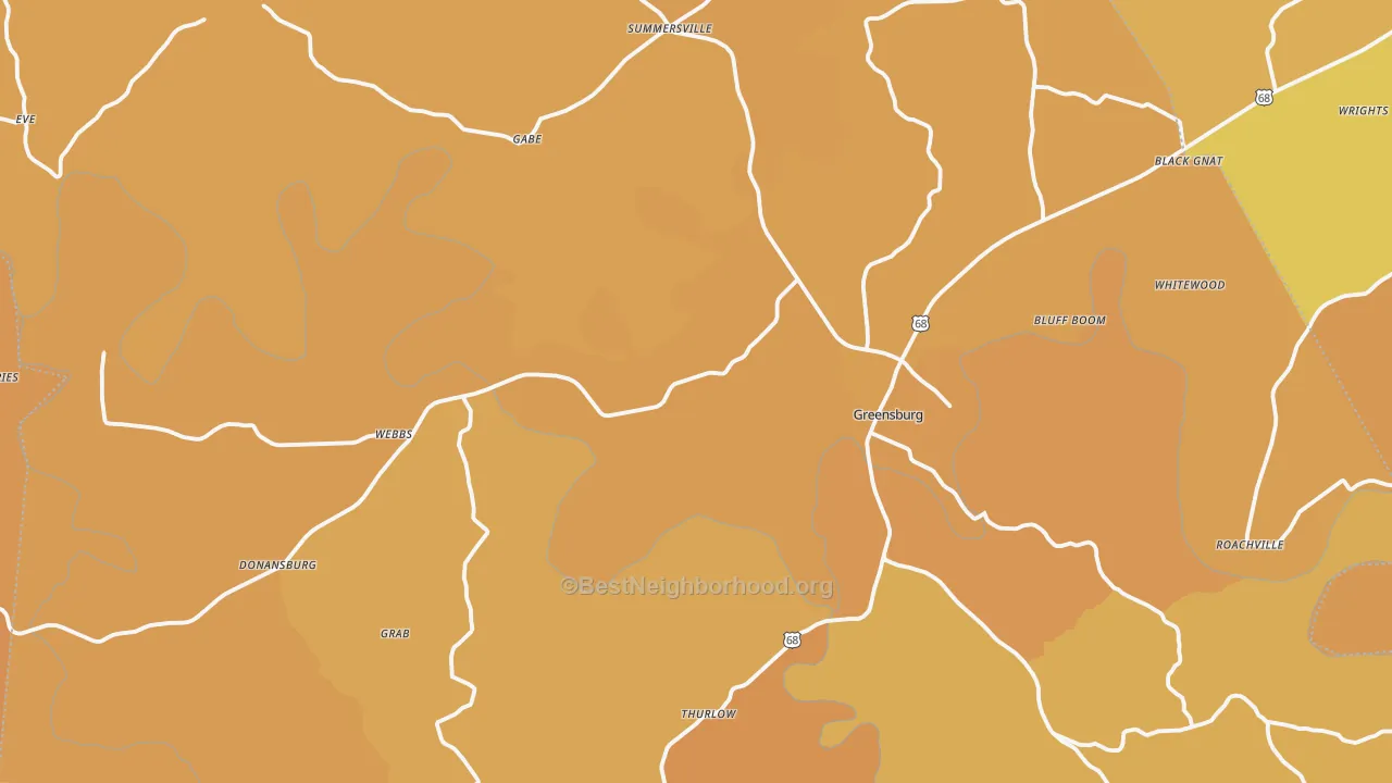 Map of the best neighborhoods in the Green County area, with better matches in green and worse matches in red