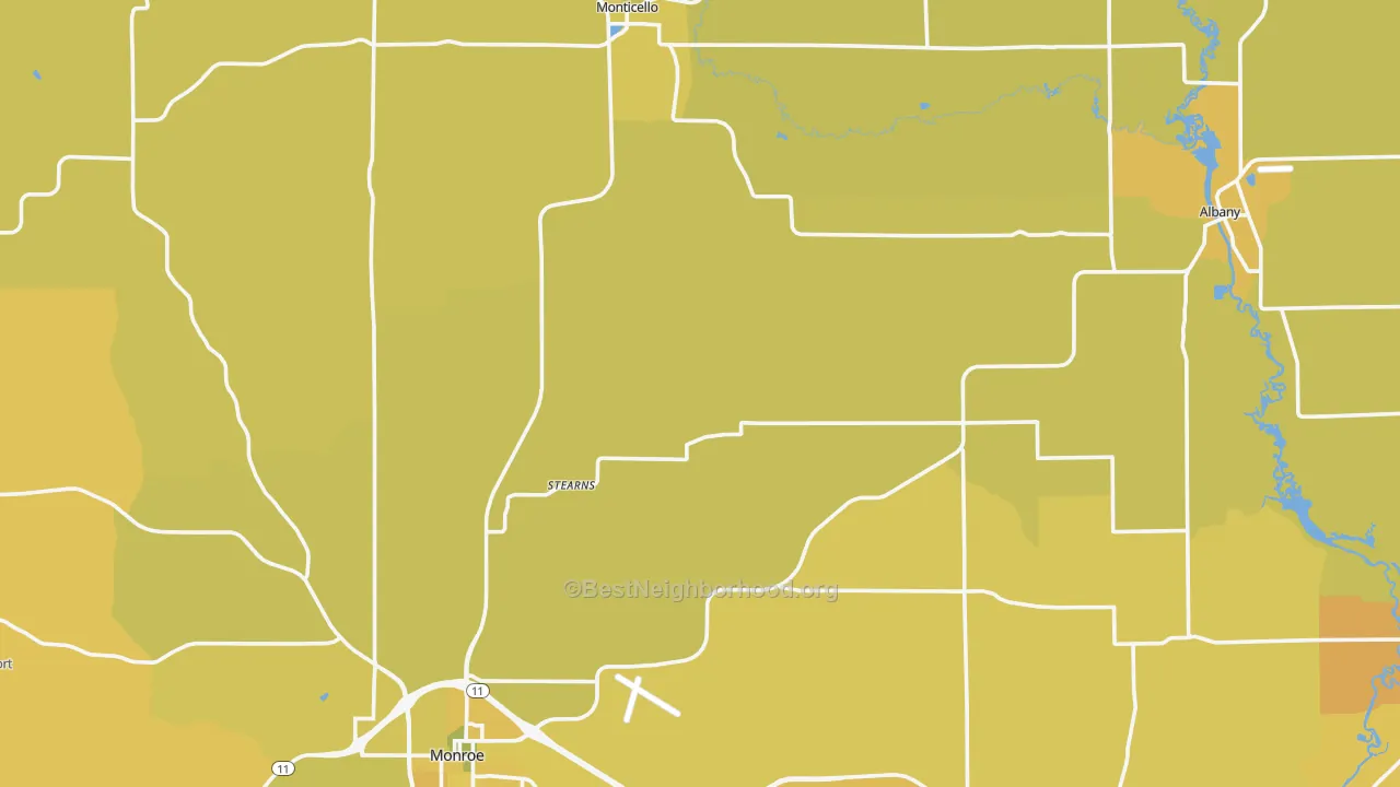 Map of the best neighborhoods in the Green County area, with better matches in green and worse matches in red