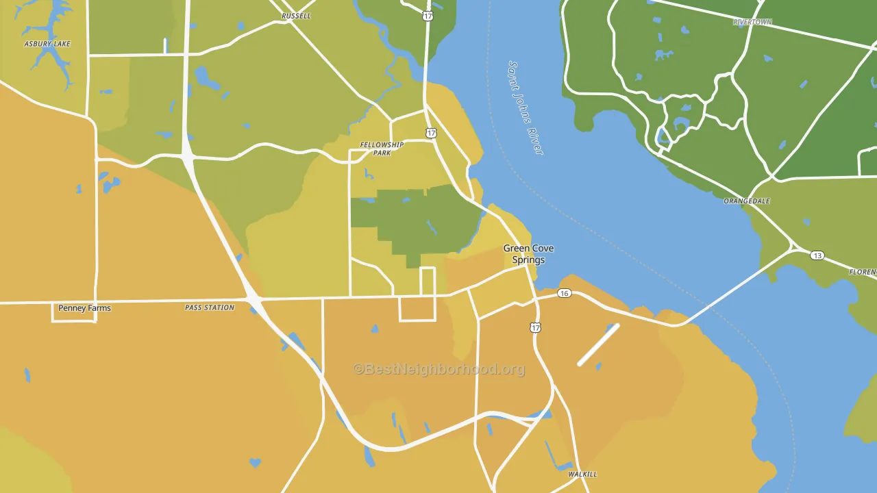 Map of the best neighborhoods in the Green Cove Springs area, with better matches in green and worse matches in red
