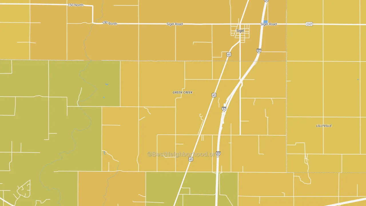 Map of the best neighborhoods in the Green Creek area, with better matches in green and worse matches in red