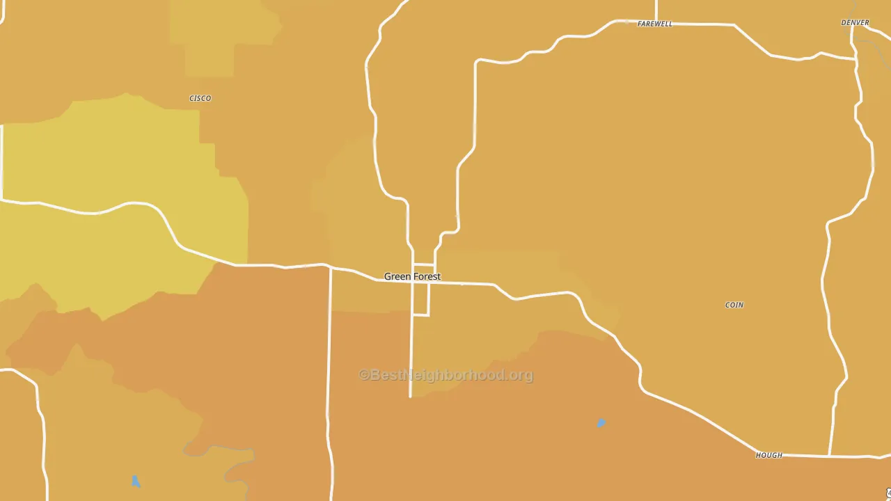 Map of the best neighborhoods in the Green Forest area, with better matches in green and worse matches in red
