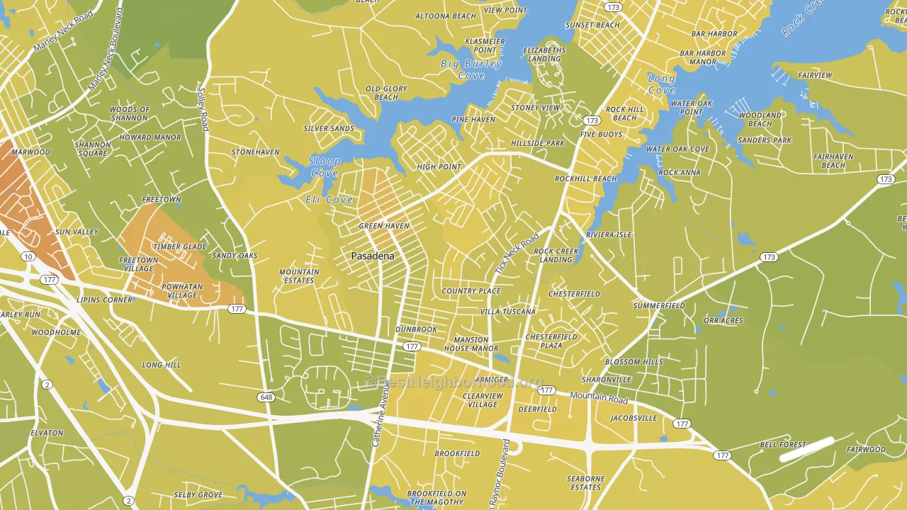 Map of the best neighborhoods in the Green Haven, Pasadena area, with better matches in green and worse matches in red