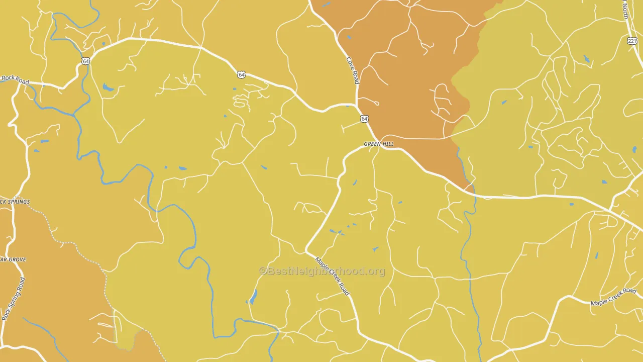 Map of the best neighborhoods in the Green Hill area, with better matches in green and worse matches in red
