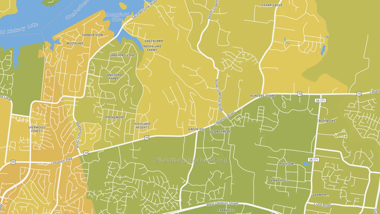 Map of the best neighborhoods in the Green Hill area, with better matches in green and worse matches in red
