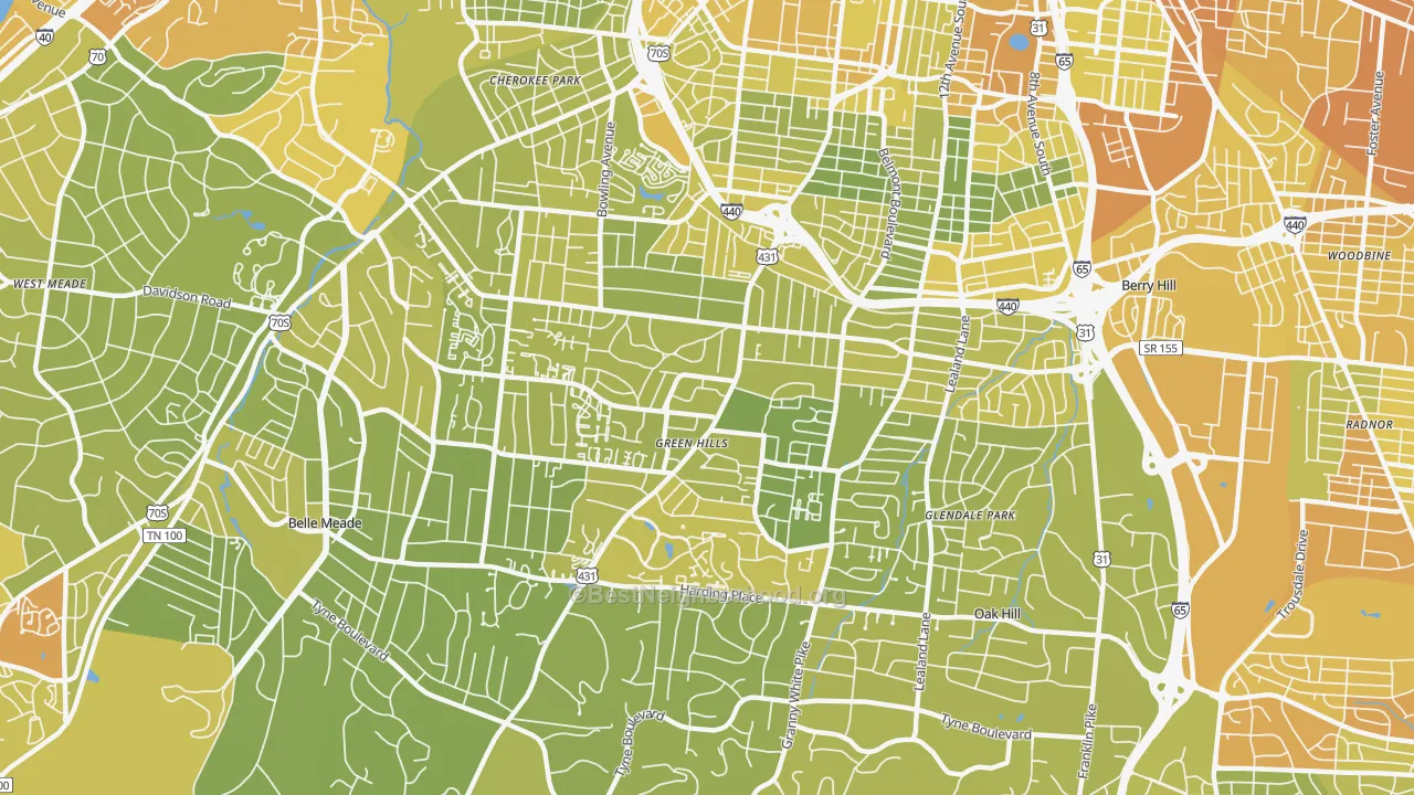 Map of the best neighborhoods in the Green Hills, Nashville area, with better matches in green and worse matches in red