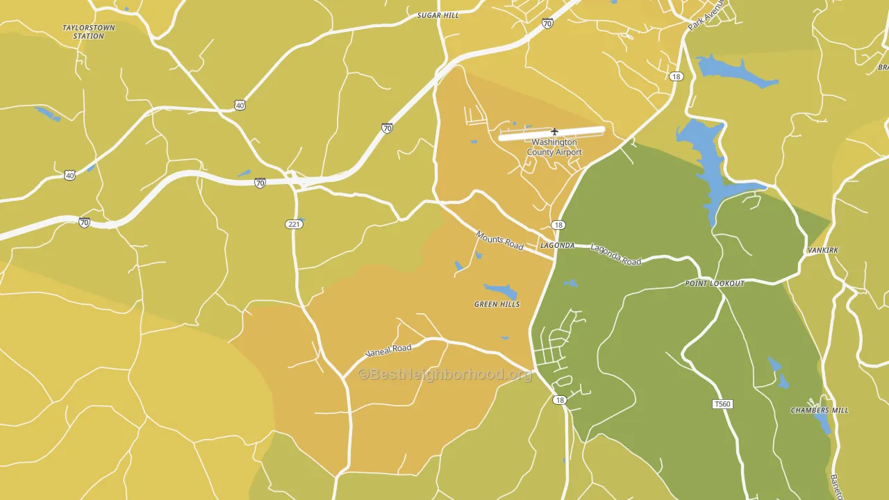 Map of the best neighborhoods in the Green Hills area, with better matches in green and worse matches in red