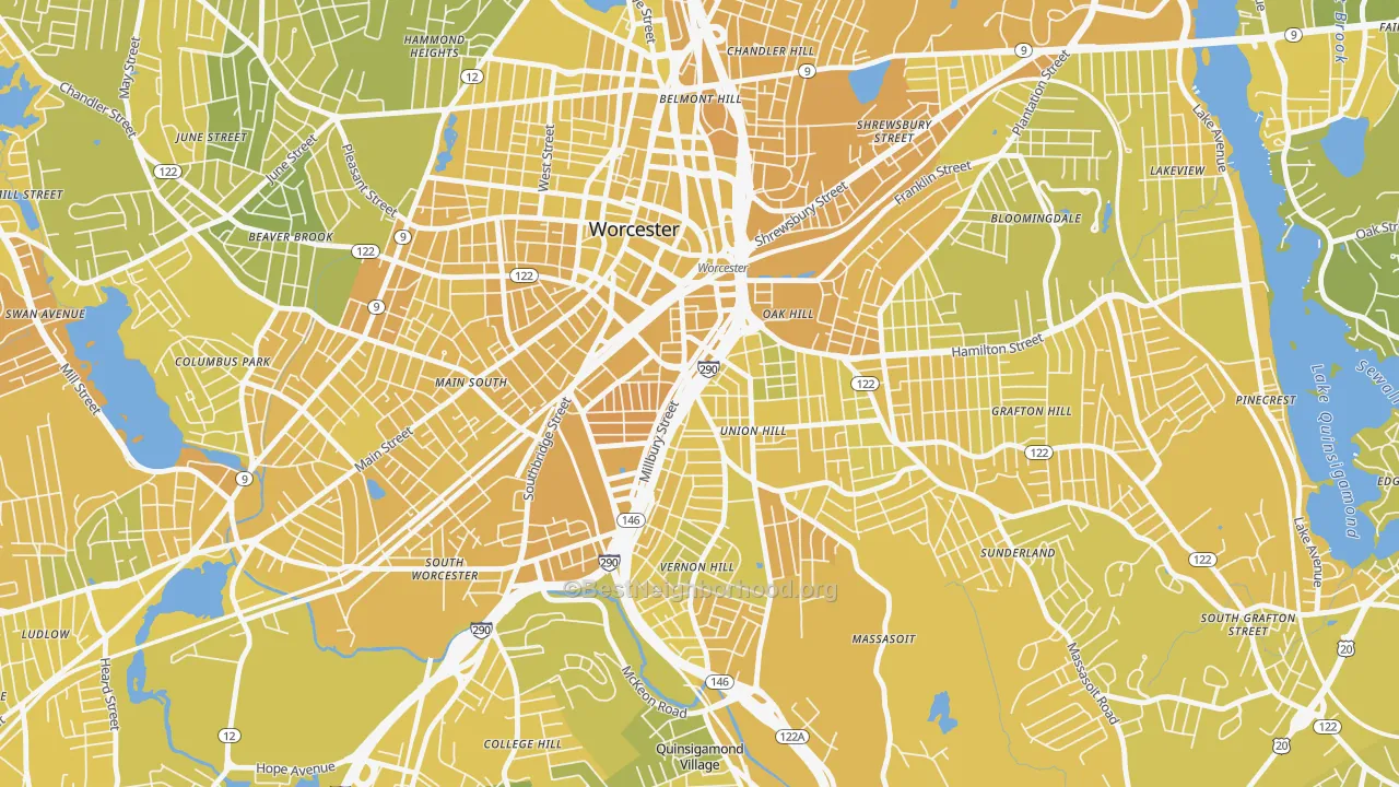 Map of the best neighborhoods in the Green Island, Worcester area, with better matches in green and worse matches in red