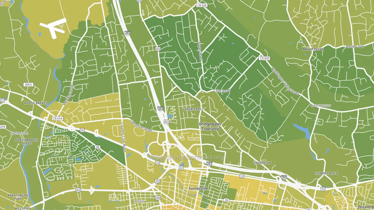 Map of the best neighborhoods in the Green Knoll area, with better matches in green and worse matches in red
