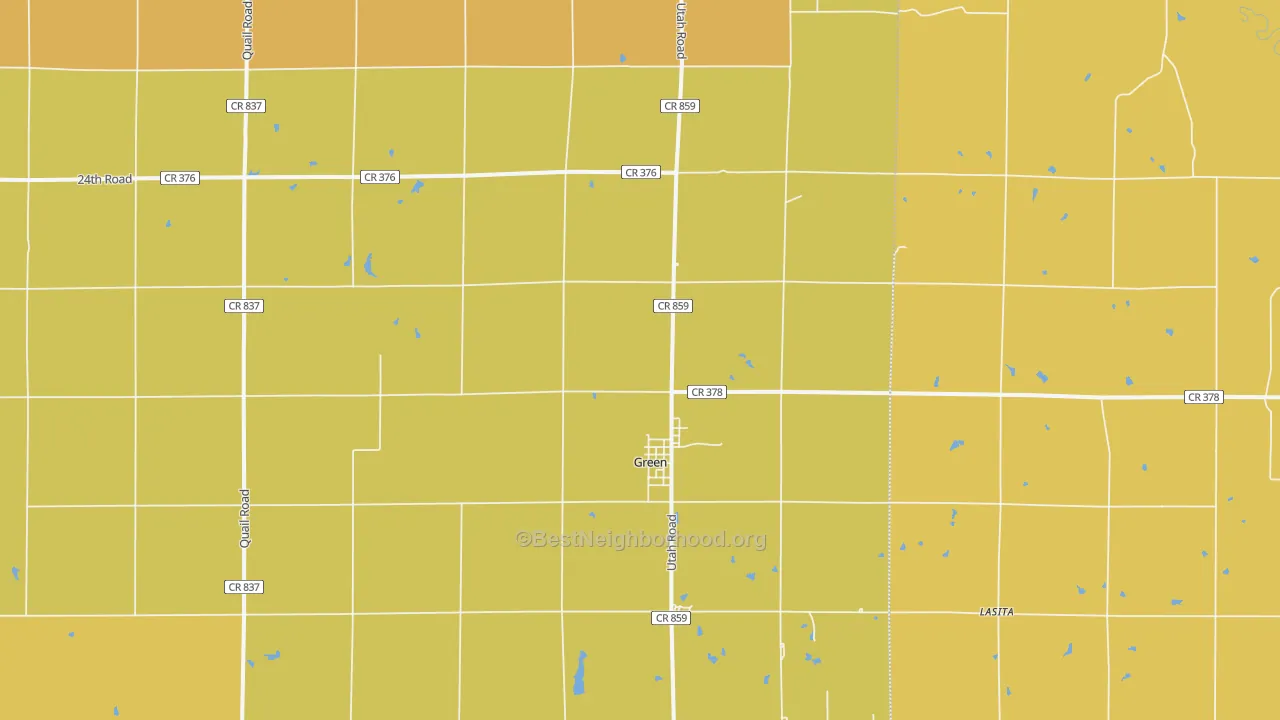 Map of the best neighborhoods in the Green area, with better matches in green and worse matches in red
