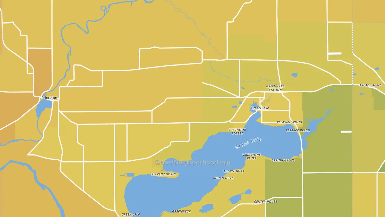 Map of the best neighborhoods in the Green Lake County area, with better matches in green and worse matches in red