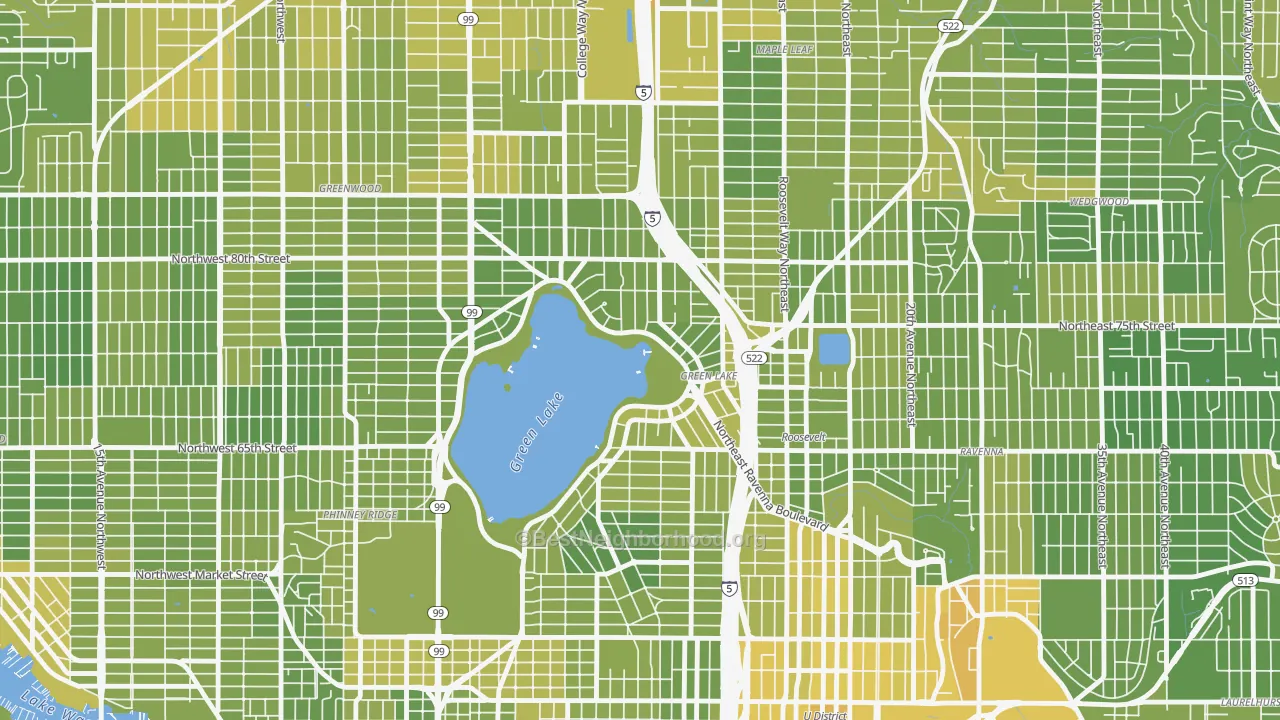 Map of the best neighborhoods in the Green Lake, Seattle area, with better matches in green and worse matches in red