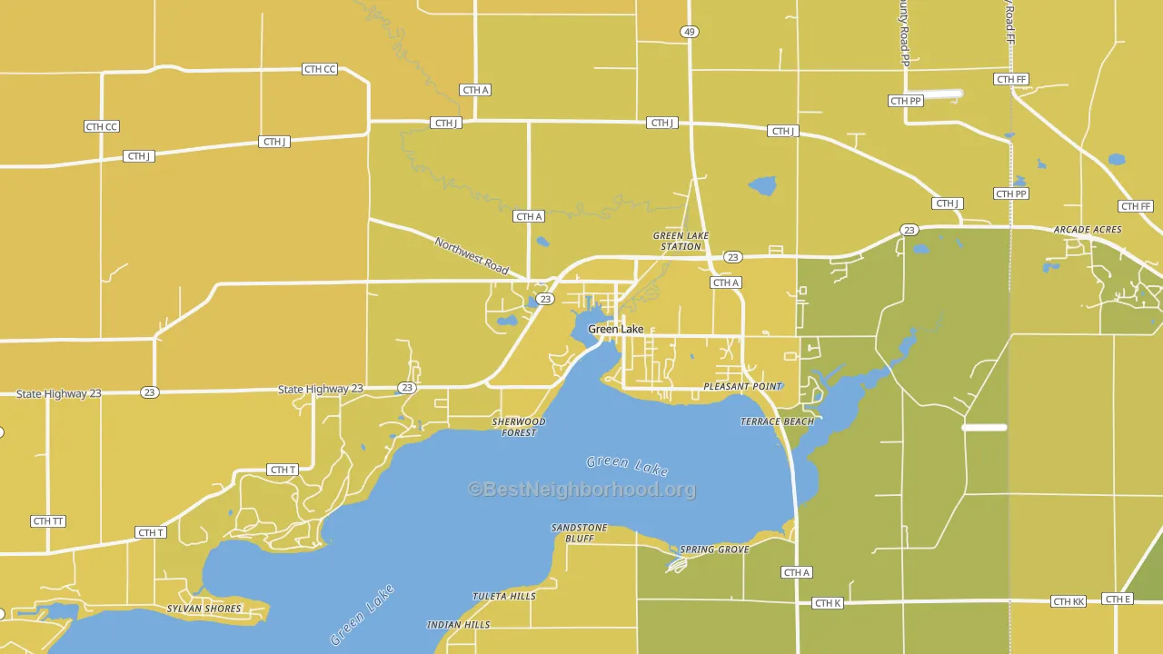 Map of the best neighborhoods in the Green Lake area, with better matches in green and worse matches in red