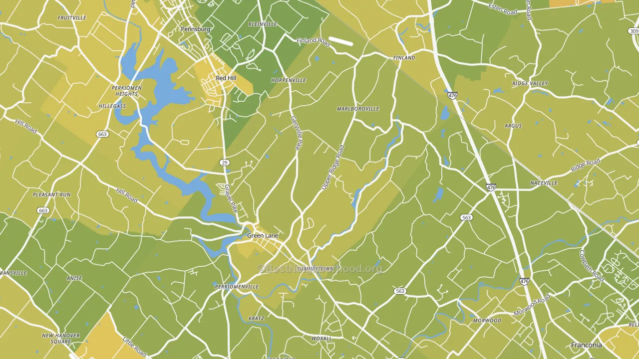 Map of the best neighborhoods in the Green Lane area, with better matches in green and worse matches in red
