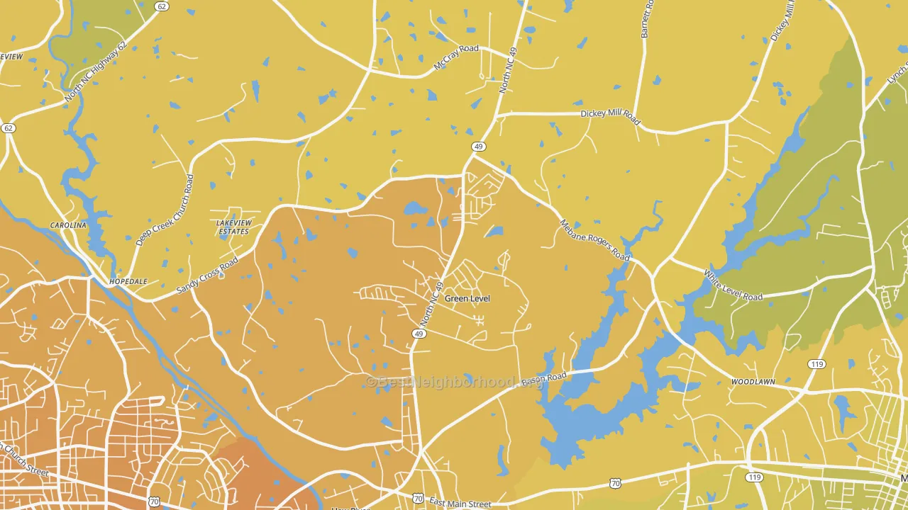 Map of the best neighborhoods in the Green Level area, with better matches in green and worse matches in red