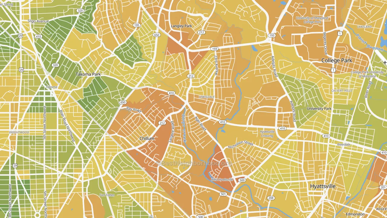 Map of the best neighborhoods in the Green Meadows, Chillum area, with better matches in green and worse matches in red