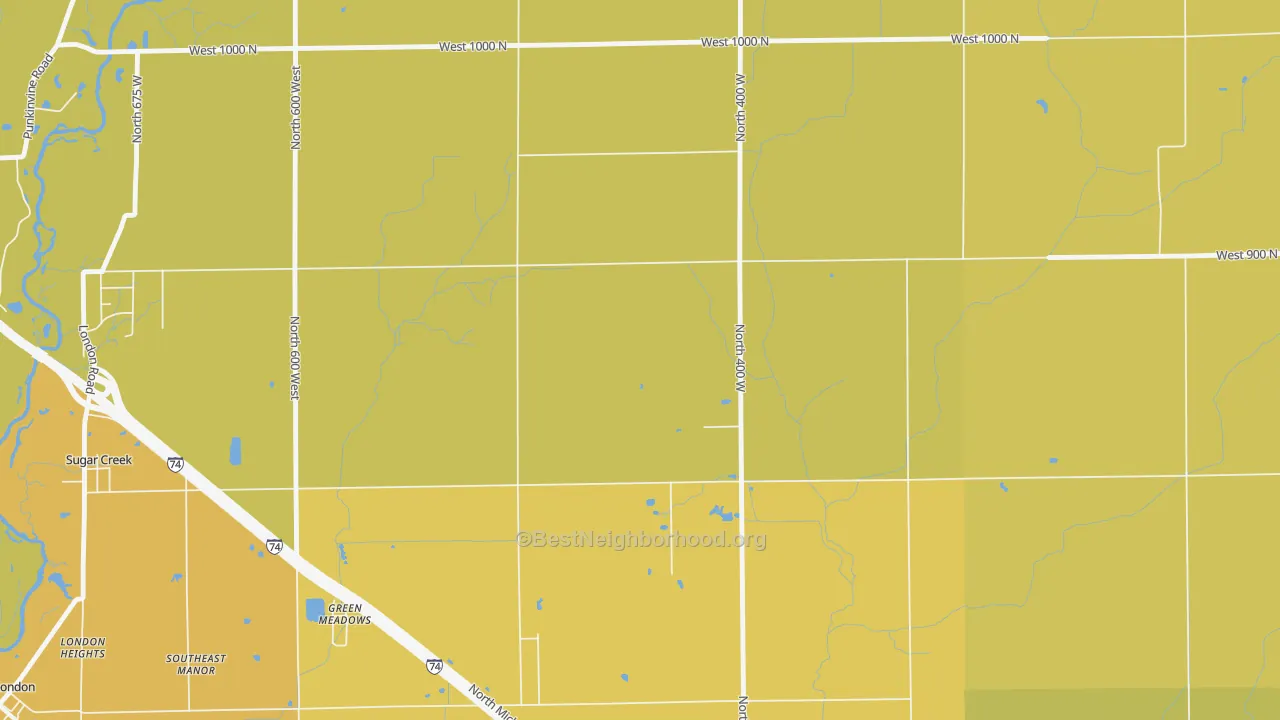 Map of the best neighborhoods in the Green Meadows area, with better matches in green and worse matches in red