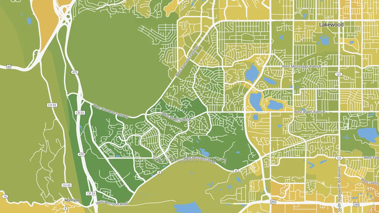 Map of the best neighborhoods in the Green Mountain, Lakewood area, with better matches in green and worse matches in red