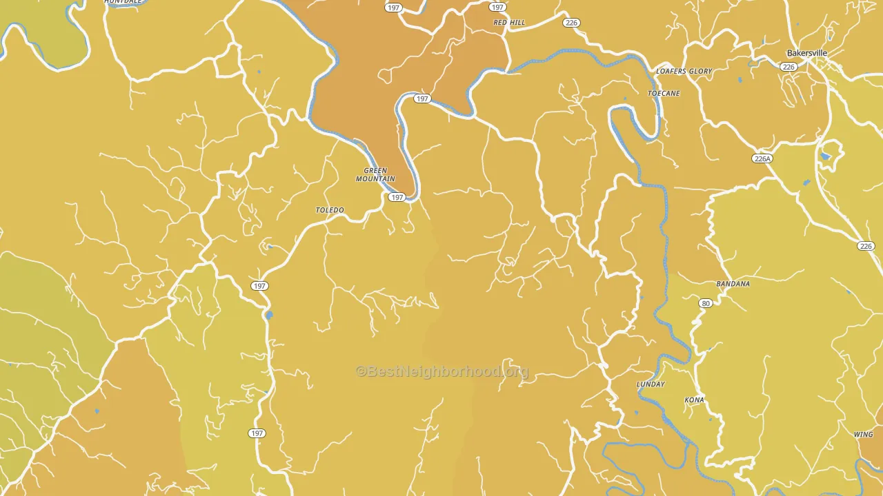 Map of the best neighborhoods in the Green Mountain area, with better matches in green and worse matches in red