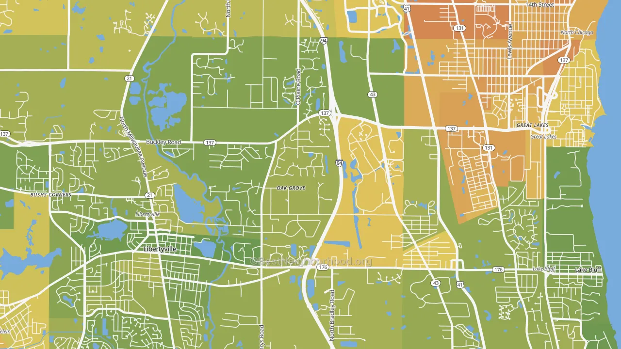 Map of the best neighborhoods in the Green Oaks area, with better matches in green and worse matches in red