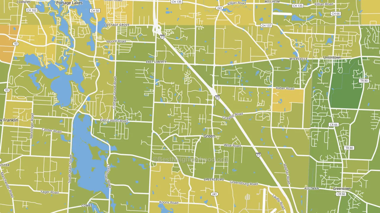 Map of the best neighborhoods in the Green area, with better matches in green and worse matches in red