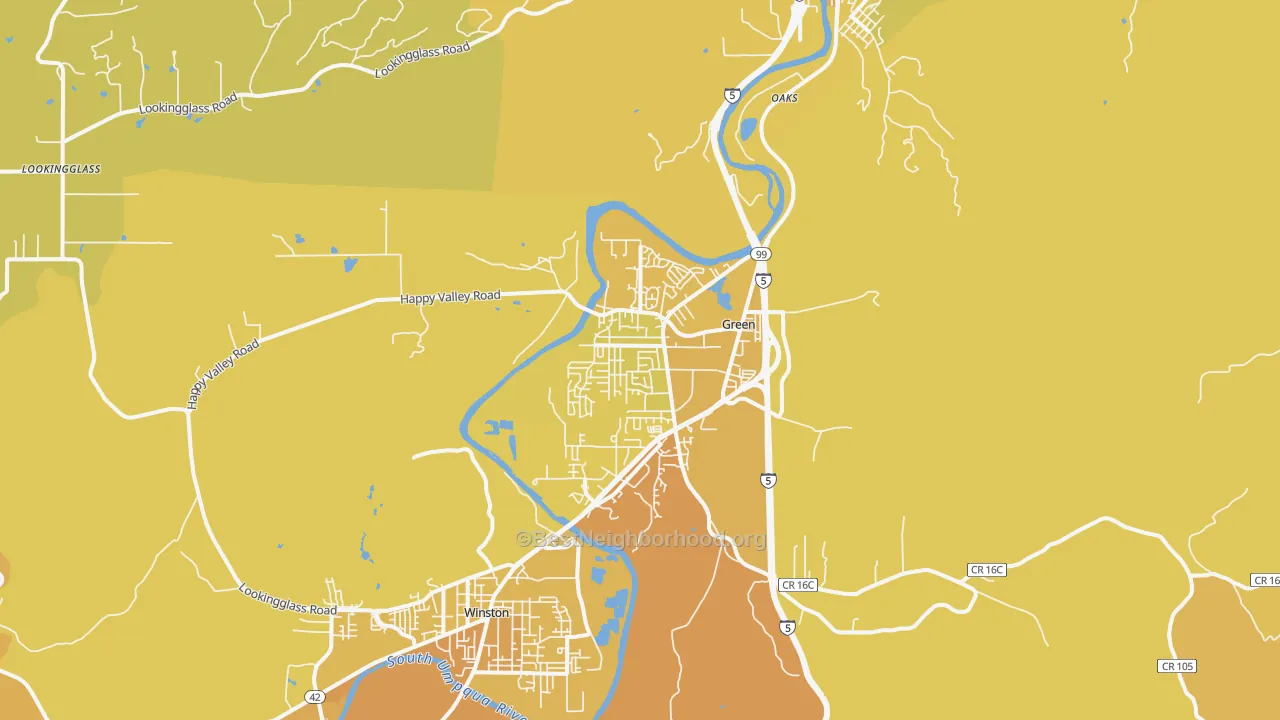 Map of the best neighborhoods in the Green area, with better matches in green and worse matches in red