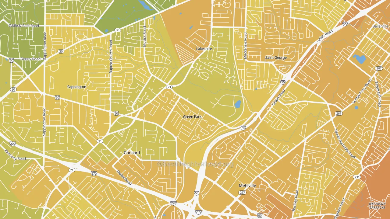 Map of the best neighborhoods in the Green Park area, with better matches in green and worse matches in red