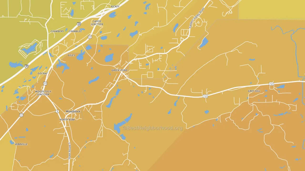 Map of the best neighborhoods in the Green Pond area, with better matches in green and worse matches in red