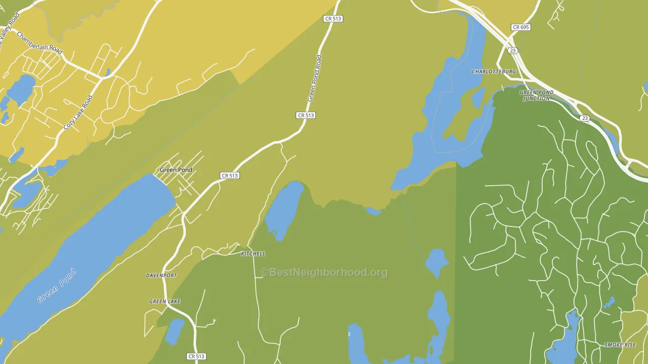Map of the best neighborhoods in the Green Pond area, with better matches in green and worse matches in red