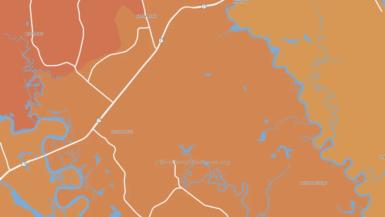 Map of the best neighborhoods in the Green Pond area, with better matches in green and worse matches in red