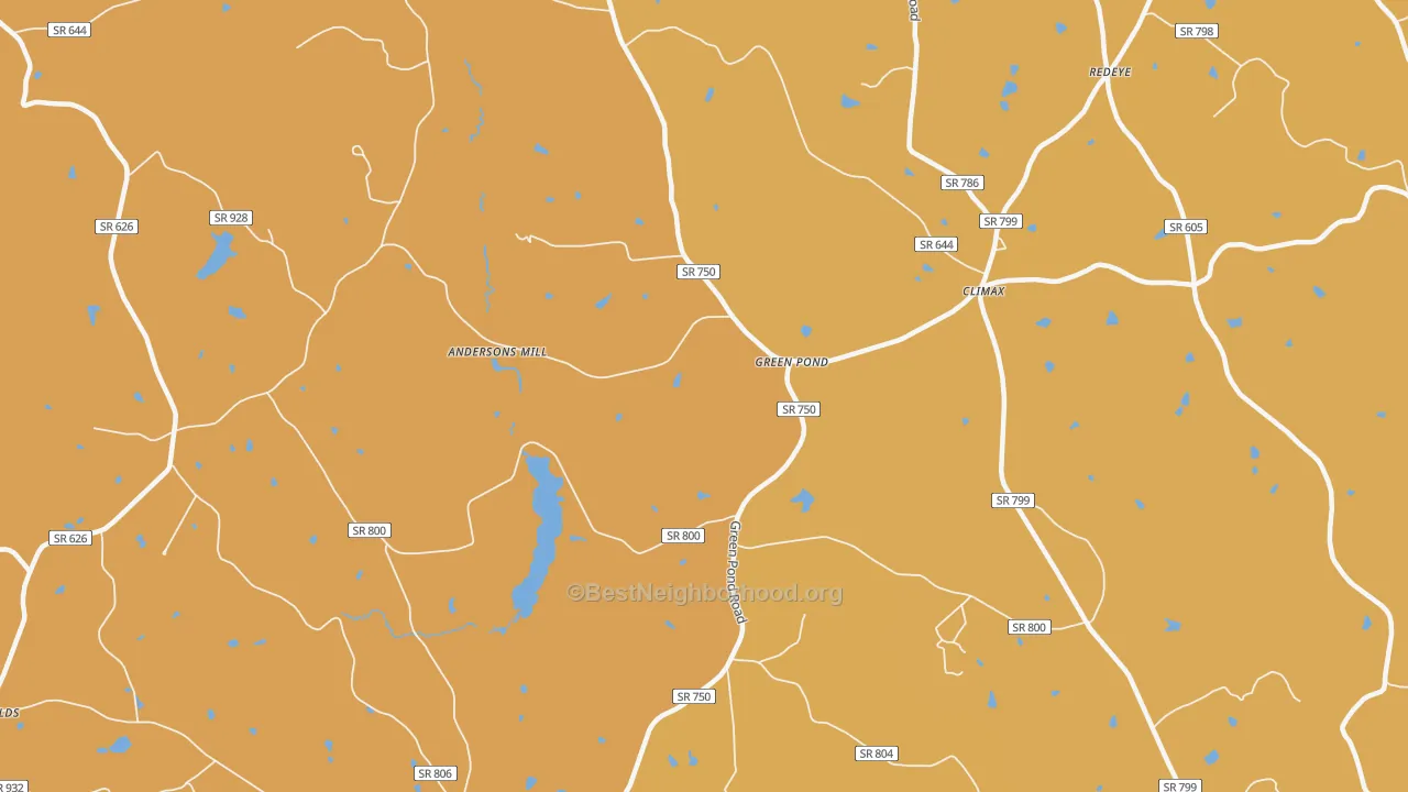 Map of the best neighborhoods in the Green Pond area, with better matches in green and worse matches in red