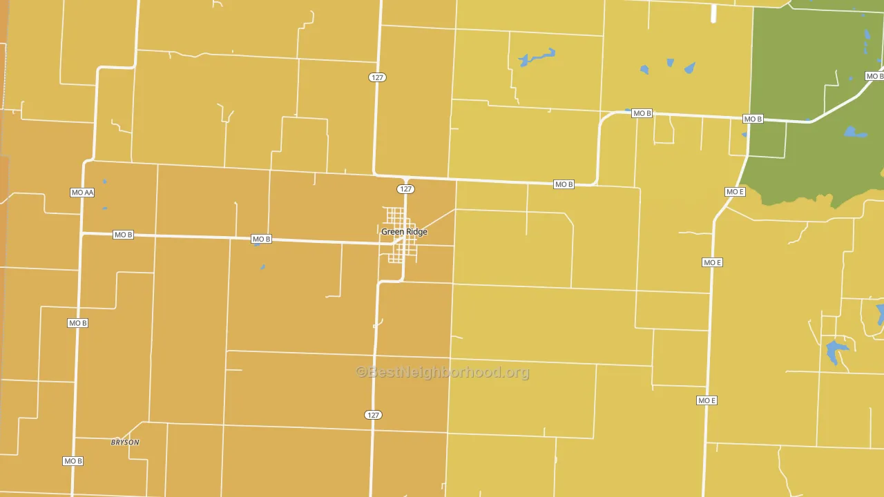 Map of the best neighborhoods in the Green Ridge area, with better matches in green and worse matches in red