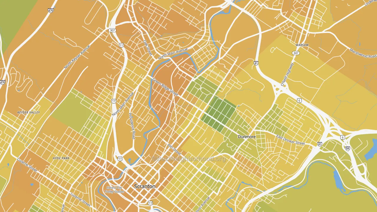 Map of the best neighborhoods in the Green Ridge, Scranton area, with better matches in green and worse matches in red