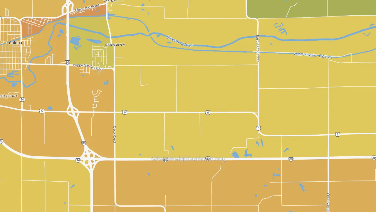 Map of the best neighborhoods in the Green River area, with better matches in green and worse matches in red