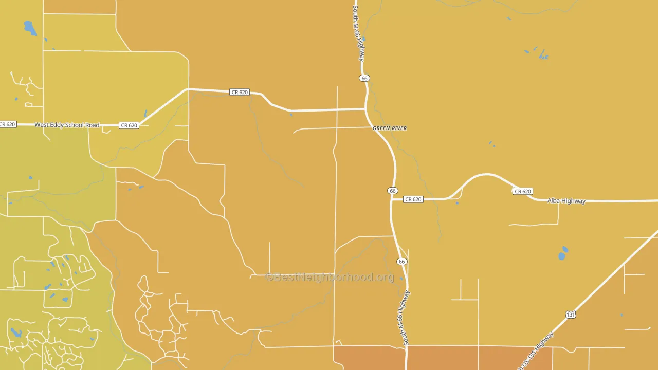 Map of the best neighborhoods in the Green River area, with better matches in green and worse matches in red