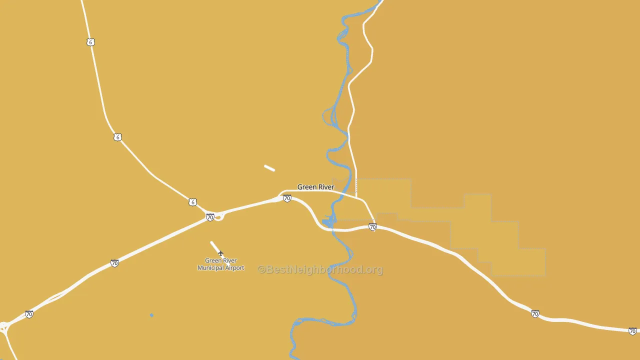 Map of the best neighborhoods in the Green River area, with better matches in green and worse matches in red